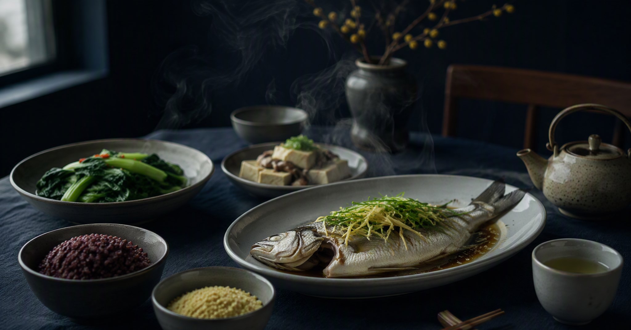 暗调中式健康餐桌：清蒸鲈鱼、深色叶菜、杂粮米饭与茶